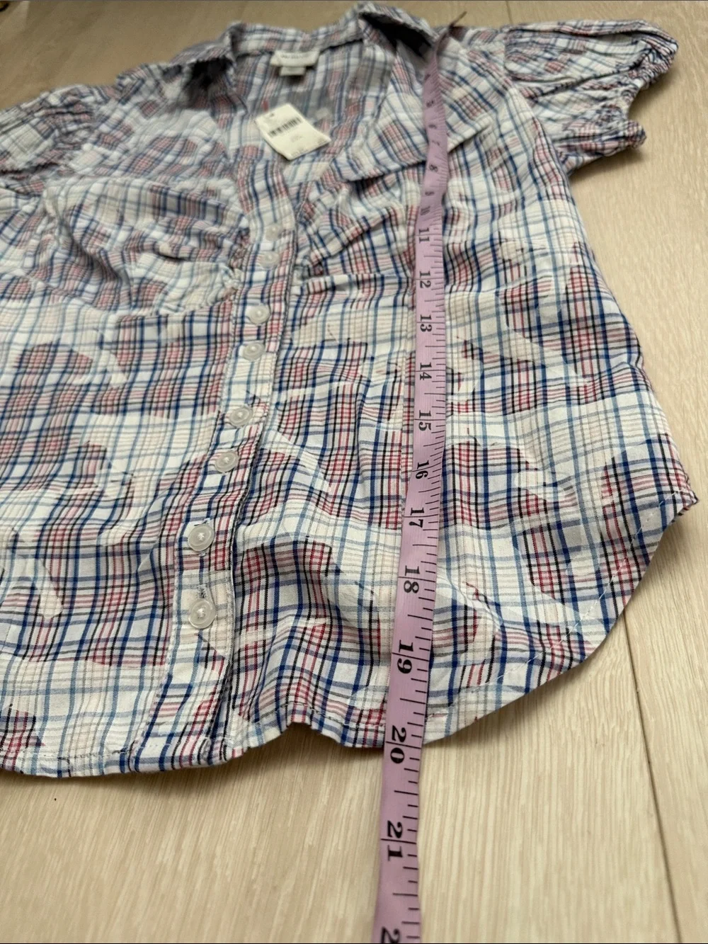 Maeve White Plaid Dog Puff-Sleeve Button Front Blouse
